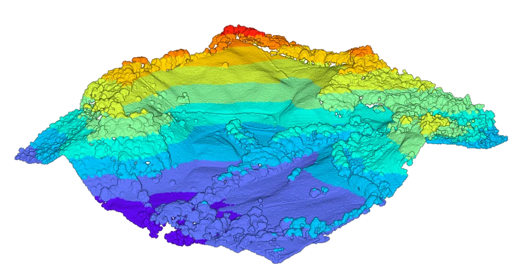 Modelo digital 3D del terreno en malla de colores por cota, generado con fotogrametría