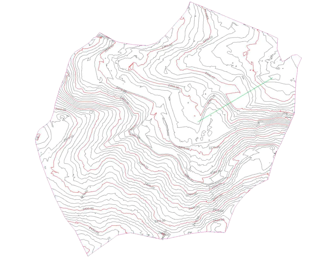 Plano topográfico con curvas de nivel del levantamiento en Don Darío
