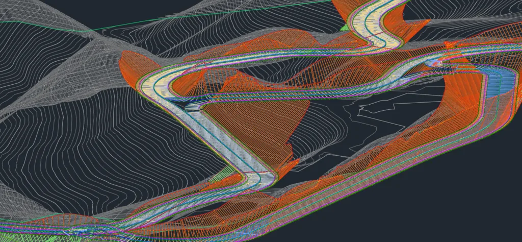 Modelo digital de trazado vial y movimientos de tierra sobre curvas de nivel